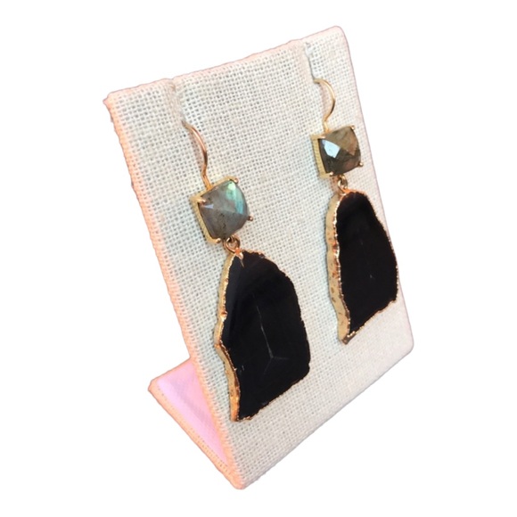 Labradorite and Black Agate Slice gold plated one of a kind wire back Earrings - Picture 2 of 8